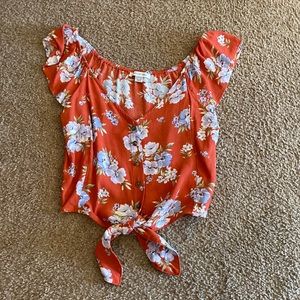 American Eagle tie-front button up blouses. red w/ floral print. XS